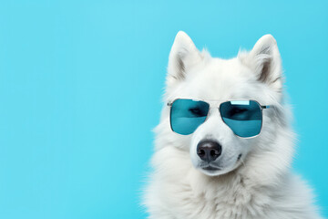 Capture the essence of summer with a playful dog wearing sunglasses against a vibrant, modern blue background. Vacation vibes for your design is AI Generative.