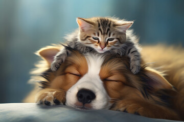 An adorable kitten sits atop a dog's head, a touching display of love and friendship between these two cute pets. AI Generative.