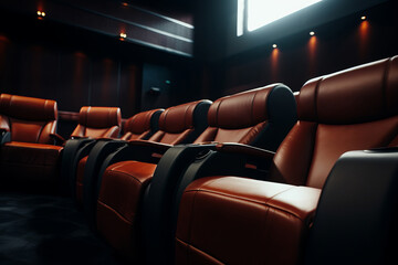 An empty cinema auditorium with seats, bathed in the soft glow of projector light. This tranquil movie theater room is AI Generative.