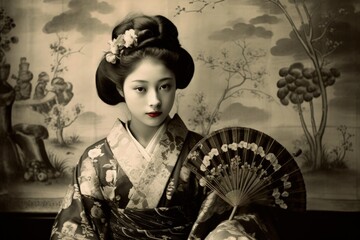 Japanese Geisha in Wafuku Kimono Traditional Clothing Black and White Portrait of Beautiful Woman in Japan Ancient History Historical Photograph during the War Memoir Old Times - obrazy, fototapety, plakaty