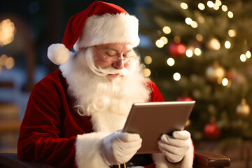 santa claus holding a tablet during the winter season bokeh style background