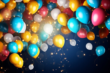 Many colorful balloons in a closeup bunch create a joyful scene against the blue sky the ideal background for a cheerful birthday or anniversary party. AI Generative.