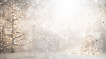 Fototapeta premium snow snowfall abstract christmas white background, christmas tree decoration, copy space, white blizzard blurred background decoration new year in winter