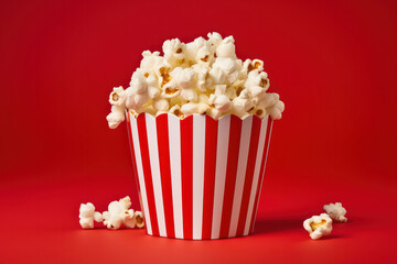 Enjoy the movies with a classic cinema bucket filled with colorful, tasty popcorn. An iconic design in an isolated illustration. AI Generative.