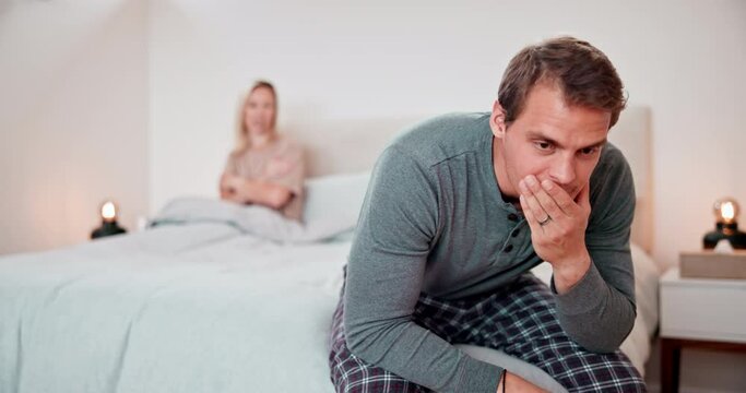 Man, stress and conflict of couple in bedroom for sad, breakup and mistake at home. Crisis, divorce and frustrated partner thinking about cheating, marriage affair and toxic fight for emotional drama