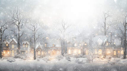 postcard, christmas houses in snowfall, winter white background, festive art and illustration