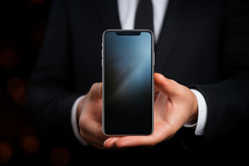 businessman hand holding smartphone bokeh style background