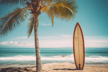 A surfboard leaning against a palm tree on a beautiful beach, a symbol of carefree surfing in paradise. AI Generative.