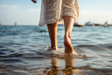 human feet walking on water of the sea bokeh style background
