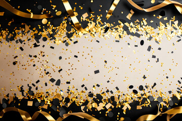 Confetti and gold and black paper streamers scattered on the floor after a New Year's party.