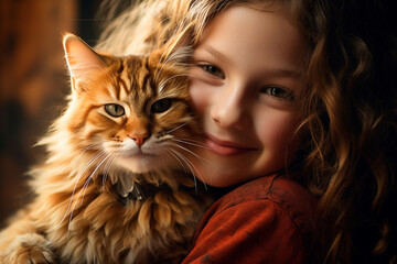 close up of a young girl hugging her cat bokeh style background