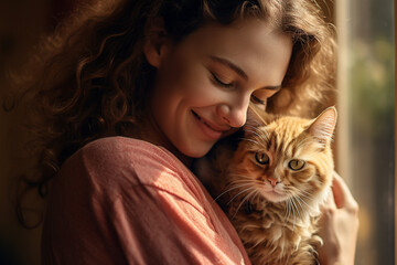 close up of a woman hugging her cat bokeh style background - obrazy, fototapety, plakaty