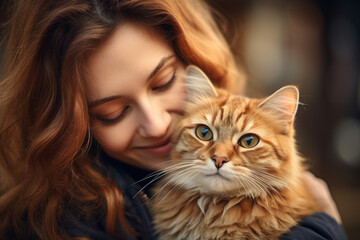 close up of a woman hugging her cat bokeh style background
