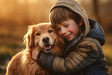 close up of young boy hugging his dog bokeh style background