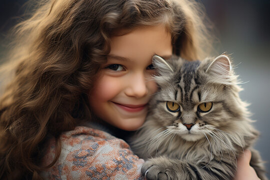 close up of a young girl hugging her cat bokeh style background