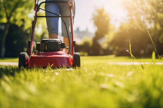 A woman in workwear and safety gear mowing a green lawn with a gasoline lawnmower on a sunny day. Homeowner's yard work. This description is AI Generative.