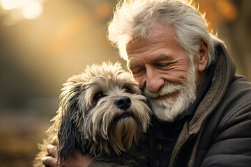 close up of old man hugging his dog bokeh style background