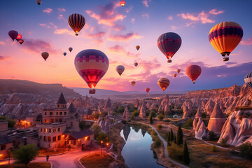 vibrant hot-air balloons hovering in the sky on sunrise, Cappadocia, Turkey - 677974703