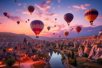 Abwaschbare Fototapete vibrant hot-air balloons hovering in the sky on sunrise, Cappadocia, Turkey © Olesia Bilkei