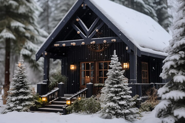 snowy front porch decorated to Christmas holidays. winter getaway cottage. travel destination