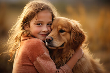 close up of young girl hugging her dog bokeh style background