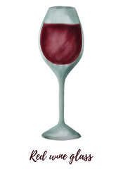 Watercolor illustration of glass with red wine.. Isolated on a white background. For designs, for hanukkah celebration