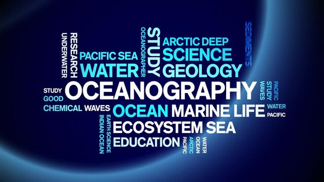 Oceanography animated tag word cloud;text design animation kinetic typography seamless loop.