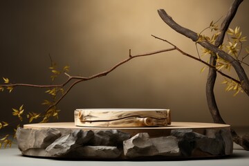 Obraz premium Empty round wooden podium for product display on brown background with tree branches