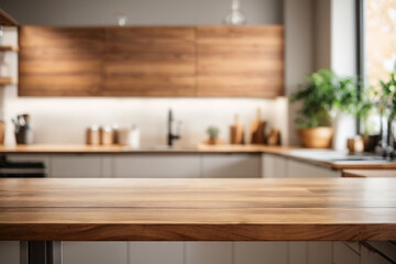 Fototapeta na wymiar Empty beautiful wood table top counter and blur bokeh modern kitchen interior background in clean and bright ,Banner, Ready for product montage.