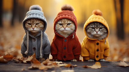a group of cute kittens in an autumn park, dressed in small clothes, joke calendar greeting, autumn look