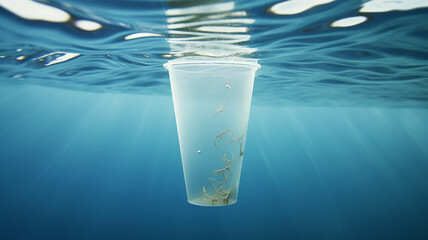 plastic cup floating underwater in the ocean sea pollution by garbage plastic problem