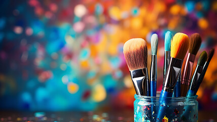 bright multicolored creative background, a group of brushes with paint on the background of a multicolored spectrum canvas, the idea of creativity banner, team - obrazy, fototapety, plakaty