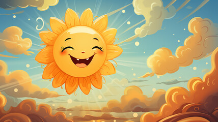 Fototapeta na wymiar cartoon funny emotional smiling sun in the sky, illustration for children