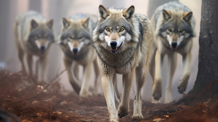 a pack of wolves in the autumn forest , frontal view of wildlife, predators hunting, fear of the attack of wild animals