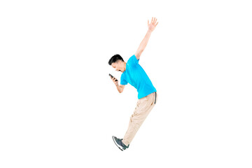 Young guy looking at his mobile phone while doing some acrobatic moves isolated on white background