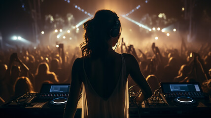 silhouette of a DJ at the remote control, a view from the back against the background of a nightclub with a crowd of dancing people, a night disco music festival - obrazy, fototapety, plakaty