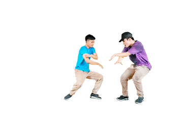 Young male asian guys doing some break dancing isolated on white