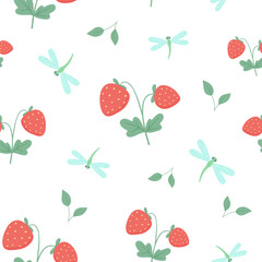 Seamless pattern with cute strawberries and dragonfly on white background. Endless vector pattern for textiles or fabric