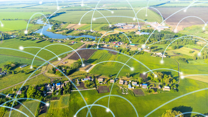 smart rural concept. Agriculture and technology. Communication network, artificial intelligence in...