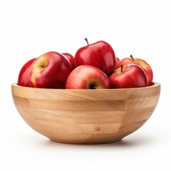 Fototapeta na wymiar Bowl of ripe red apples isolated on white background. Wooden bowl of red apples.