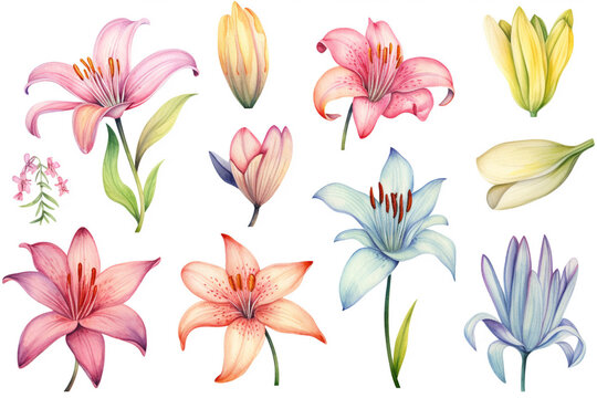 Watercolor paintings Lily flower symbols On a white background. 