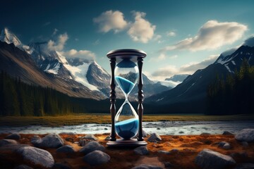 time an irreversible current flowing in only one direction from past through present to the future hourglass - obrazy, fototapety, plakaty