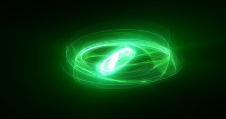Abstract green rings spheres from energy magic waves of smoke circles and glowing lines on a black background