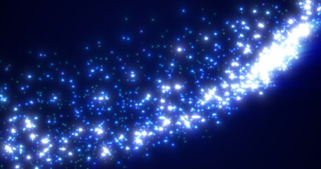 Abstract blue background of small bright glowing particles of energy stars, star dust from a comet tail