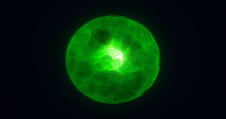 Energy abstract green sphere of glowing liquid plasma, electric magic round energy ball background