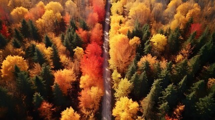 Autumnal Forest with Colorful, Aerial Drone View of Path Through Woods.