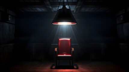 Interrogation Room with Unforgiving Light and Red Chair in Dark room. - obrazy, fototapety, plakaty