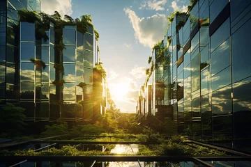 Fotobehang Eco-friendly building in the modern city. Sustainable glass office building with tree for reducing carbon dioxide. Office building with green environment. Corporate building reduce CO2. © Artinun