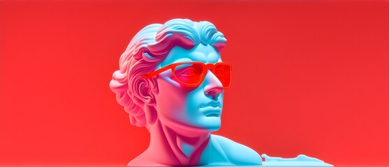 Marble white sculpture headbust of greek god Apollo with sunglasses in bright neon red background from Generative AI - obrazy, fototapety, plakaty
