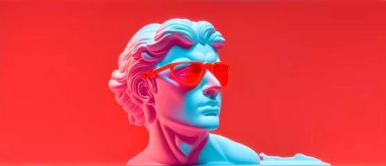 Foto op Canvas Marble white sculpture headbust of greek god Apollo with sunglasses in bright neon red background from Generative AI © sevenSkies